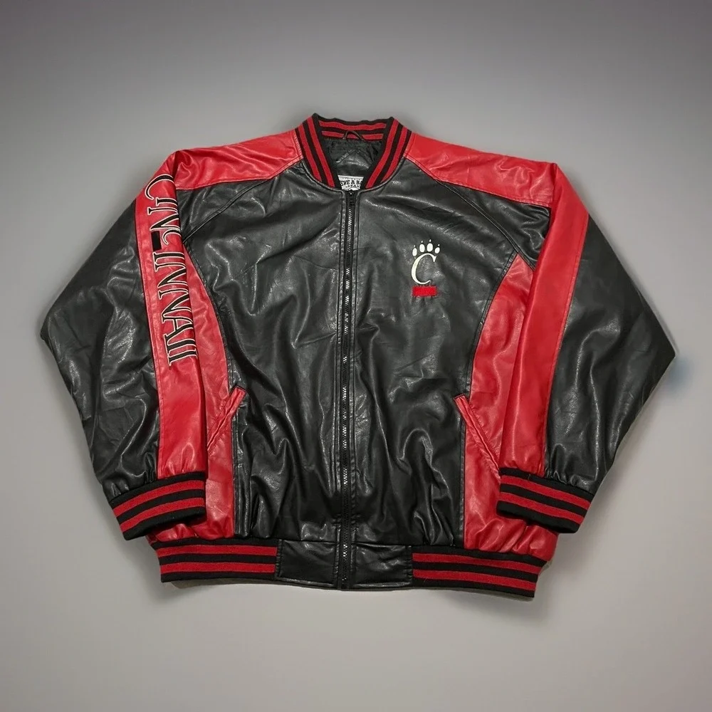 Vtg Steve & Barrys Mens Black Red Cincinnati Bearcats Faux Bomber Jacket 2XL